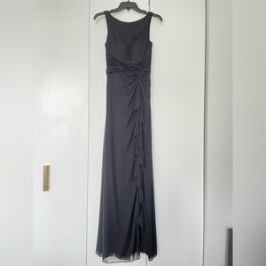 Black floor length gown — perfect for fall/winter weddings!
